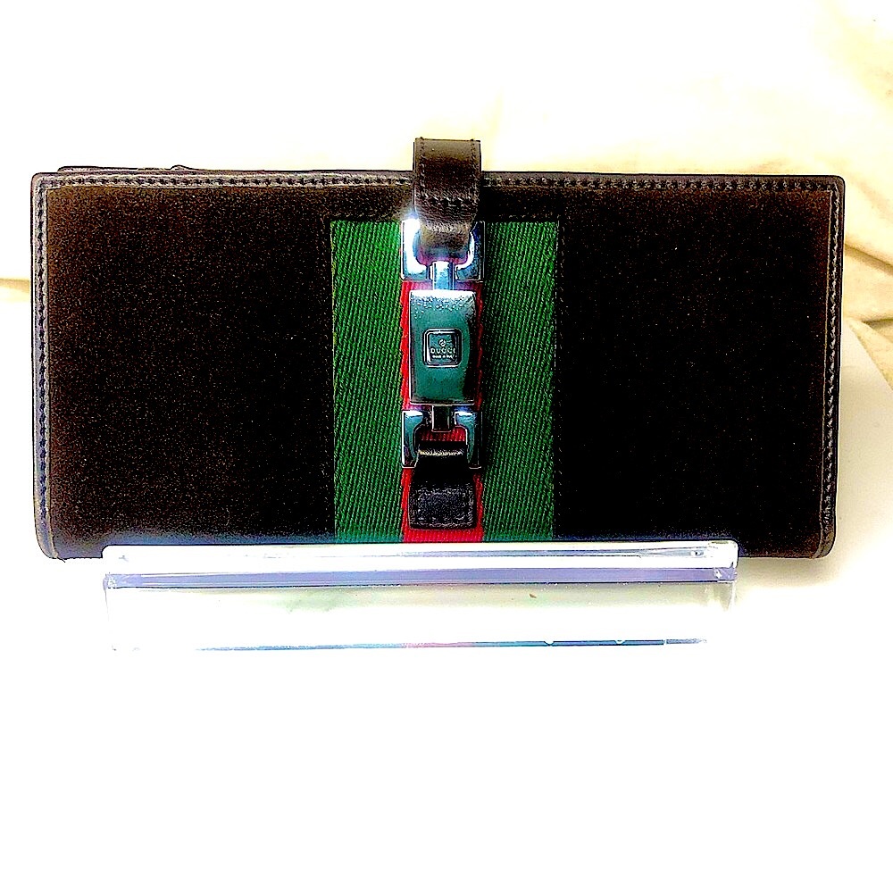 GUCCI Brown Suede Jackie Wallet with Red and Green Sherryline Stripe